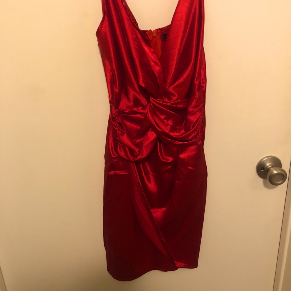 Shiny red mini dress.